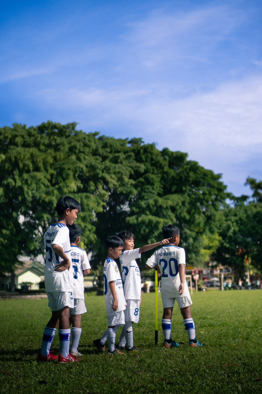 a group of young boys standing on top of a lush green field soccer, young players, field