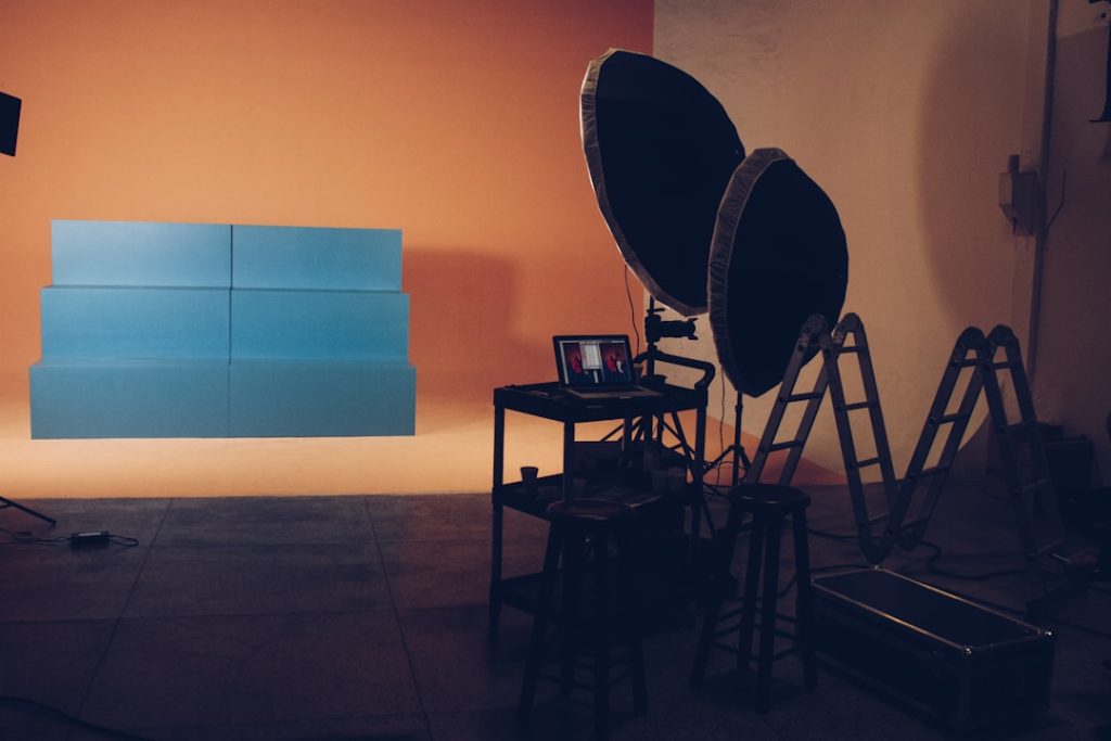 blue wooden portable stairs in photo studio espn, television, studio