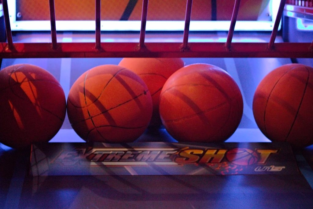 four basketballs are lined up in a rack nba 2k arcade edition, iphone gameplay, mycareer mode