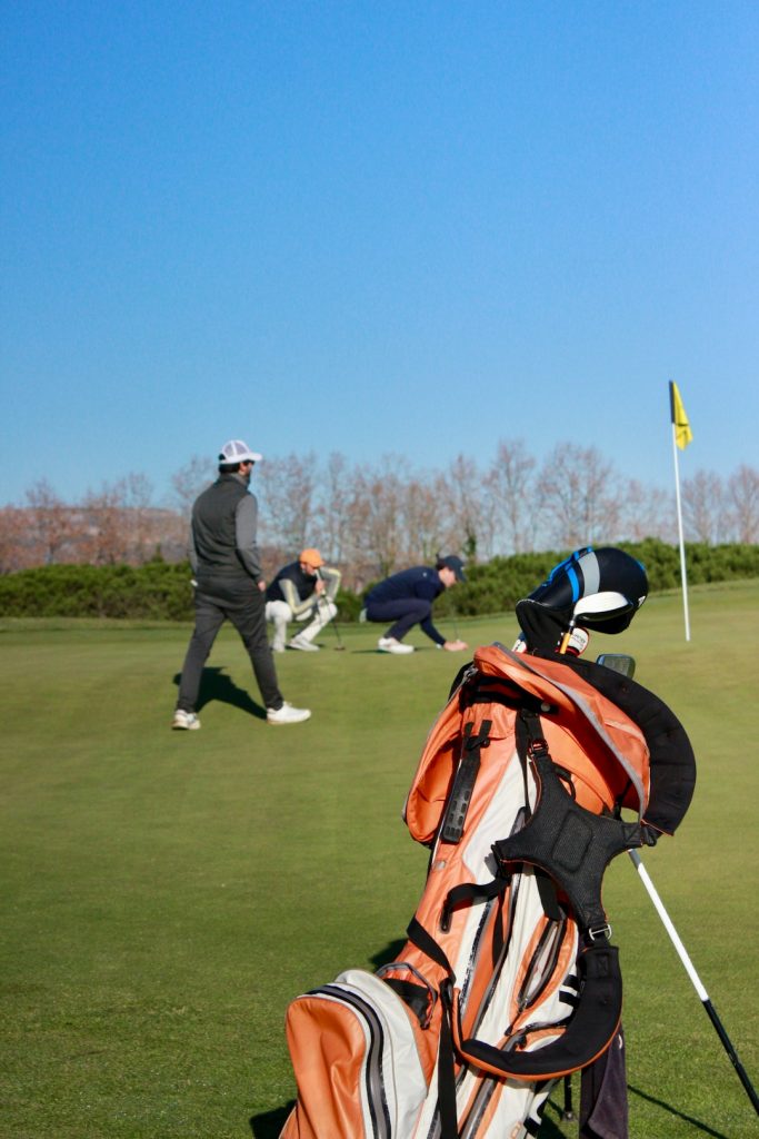 A man holding a golf club on top of a green golfer putting, tournament leaderboard, golf crowd