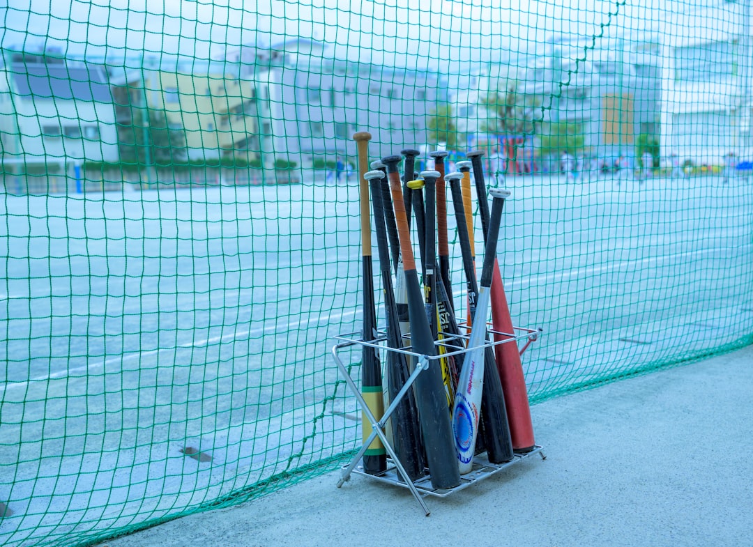 a rack of baseball bats on the side of a fence youth baseball equipment gear dugout