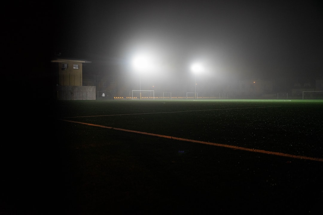 green grass field during night time friday night lights, high school football game, packed stadium cheering