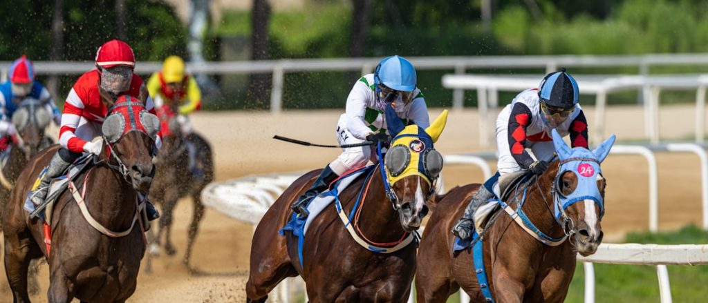 Jockeys and horses racing on a dirt track. fractional odds, horse racing, betting program