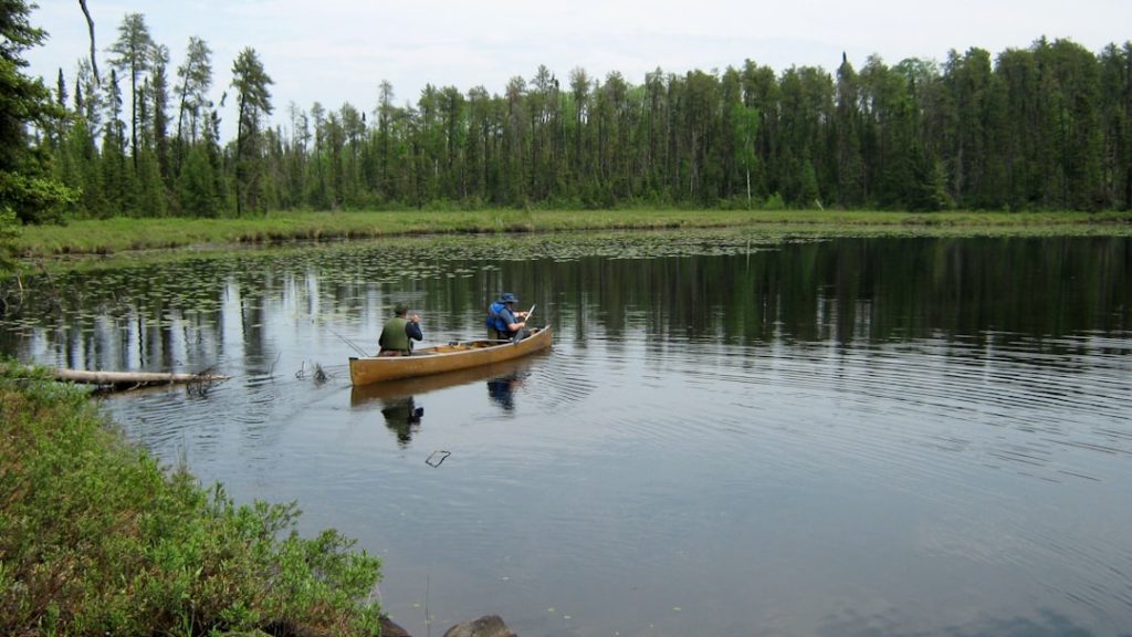 two people in a canoe on a lake boundary waters,canoeing,beginners,minnesota