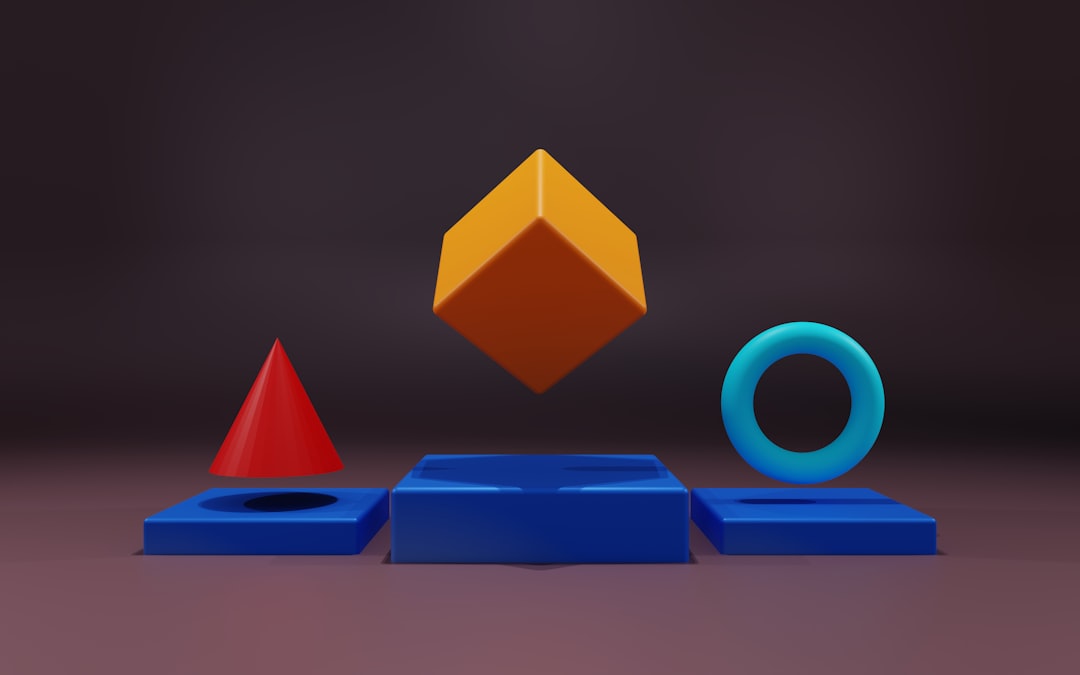 a group of colorful objects sitting on top of a table geometric shapes, modern logo, tech photography branding