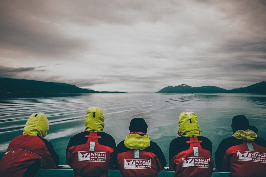 people near body of calm water under gray sky during daytime water ski group safety boat communication signals