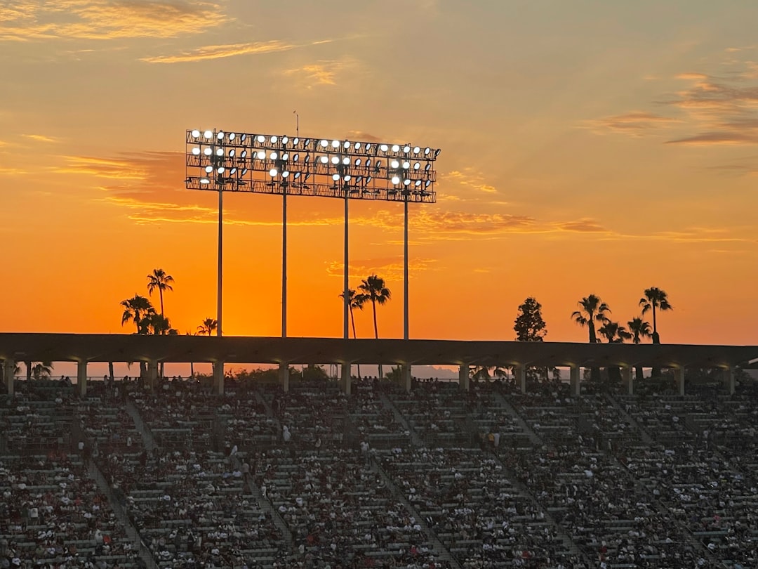 The sun is setting over a stadium with palm trees dodgers marlins game night stadium crowd
