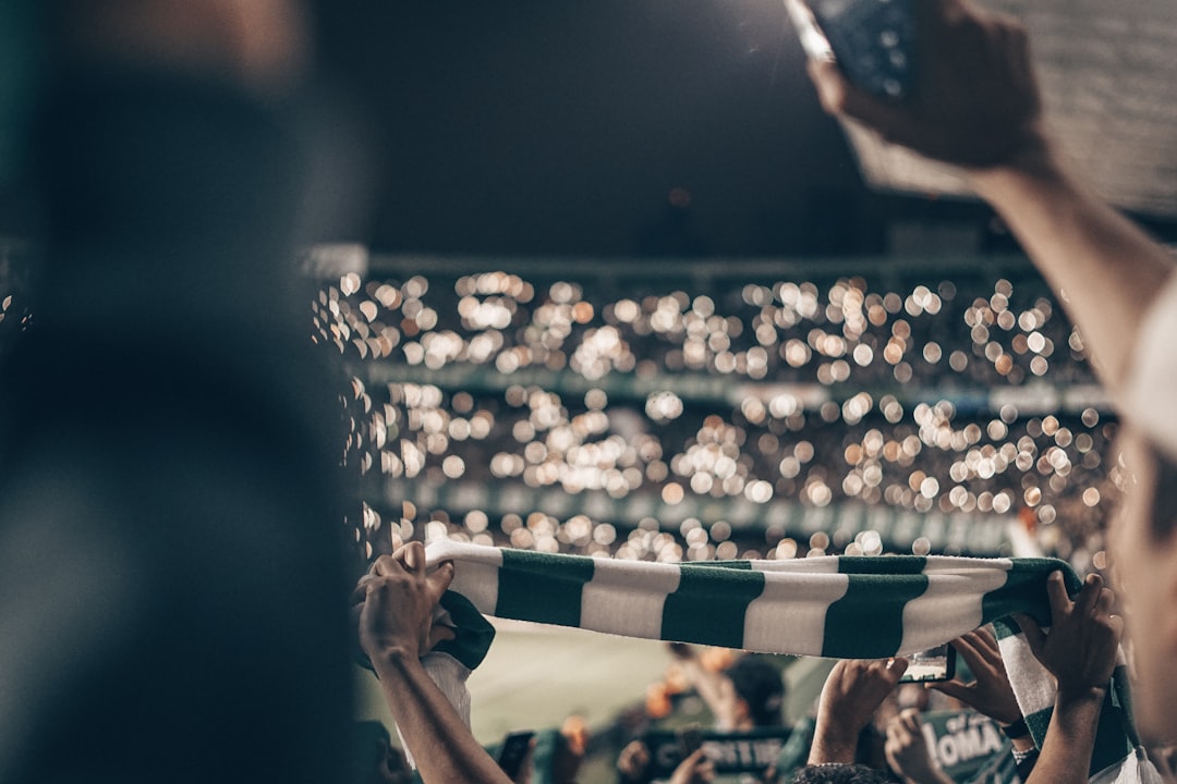 person holding green and white textile cheerleaders performance, football fans cheering, flags in stadium