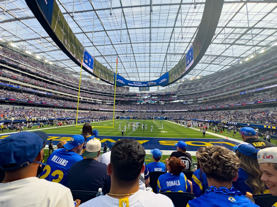 Spectators watch a football game in a modern stadium. football third down play, nfl coaches sideline discussion, packed stadium crowd cheering