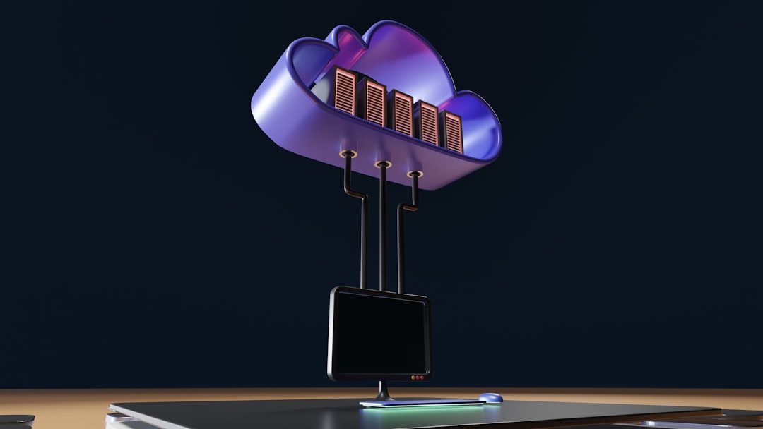 a computer tower with a purple light cloud backup concept, secure data storage, website security illustration