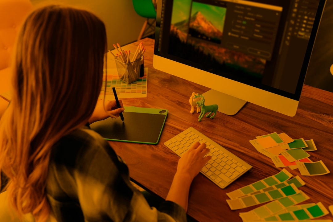 a woman sitting at a desk using a computer ai generated website images digital art interface