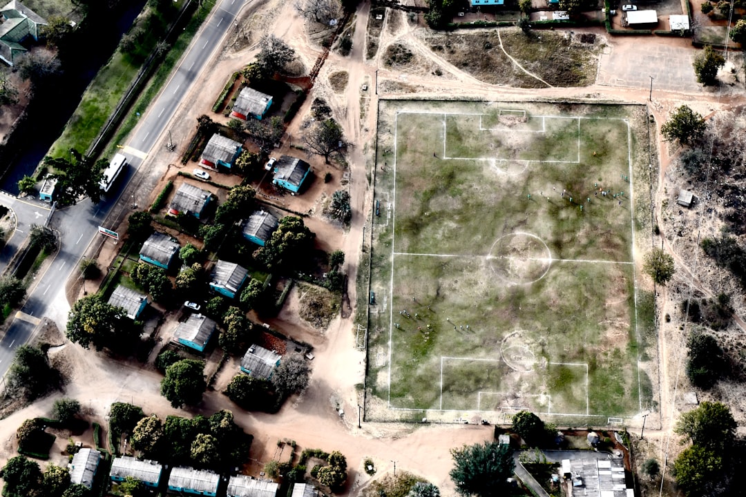aerial view of people walking on street during daytime cricket ground aerial view, cricket stadium local, cricket pitch neighborhood